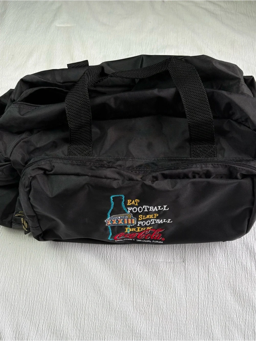 Vintage Super Bowl XXXIII x Coca-Cola Black Duffel Bag 1999 Miami Florida Bronco